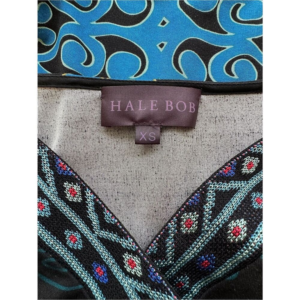 HALE BOB 100% Silk Deep V Neck Patterned Mini Dress Long Bell Sleeves Size XS - Picture 4 of 17